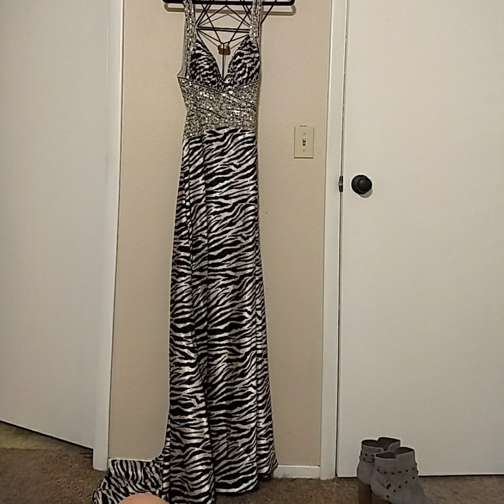 Zebra print with open back beaded prom dress